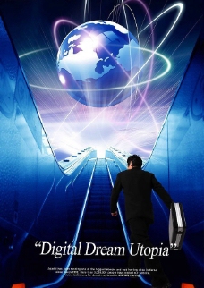 商务白领上电梯的白领男人与地球之电子商务图片素材