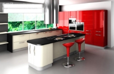 高清晰红色调子的时尚厨房