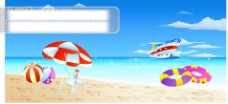 海边风景风景矢量素材梦幻线条海边沙滩天空太阳伞救生圈风景风光矢量素材AI格式